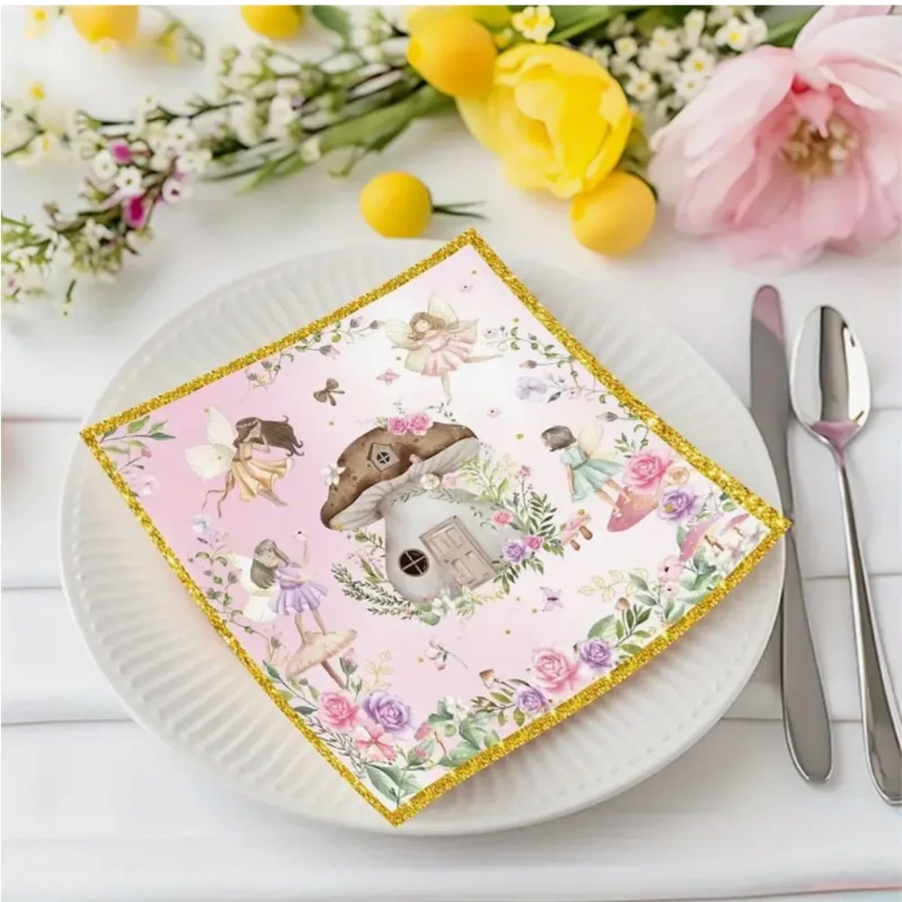 Fairy Garden Mushroom Forest House Paper Napkins with Gold Trim, 20pcs